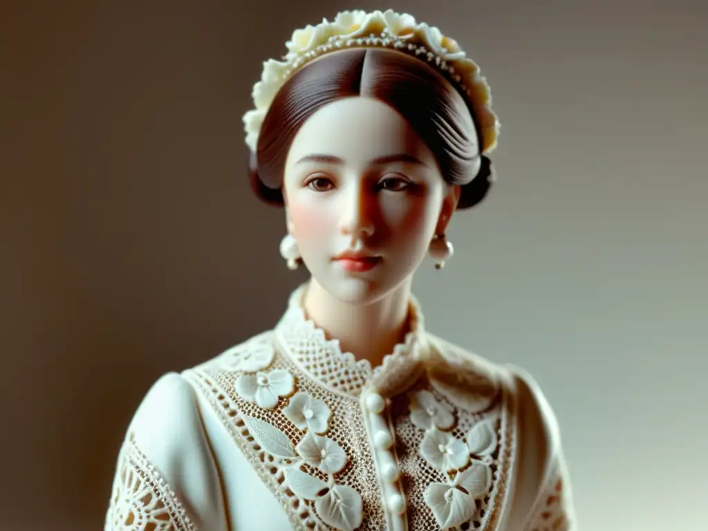Detalle de una delicada figura de porcelana pintada a mano que representa a una mujer en ropa victoriana, reflejando la elegancia de la obra de Elizabeth Gaskell