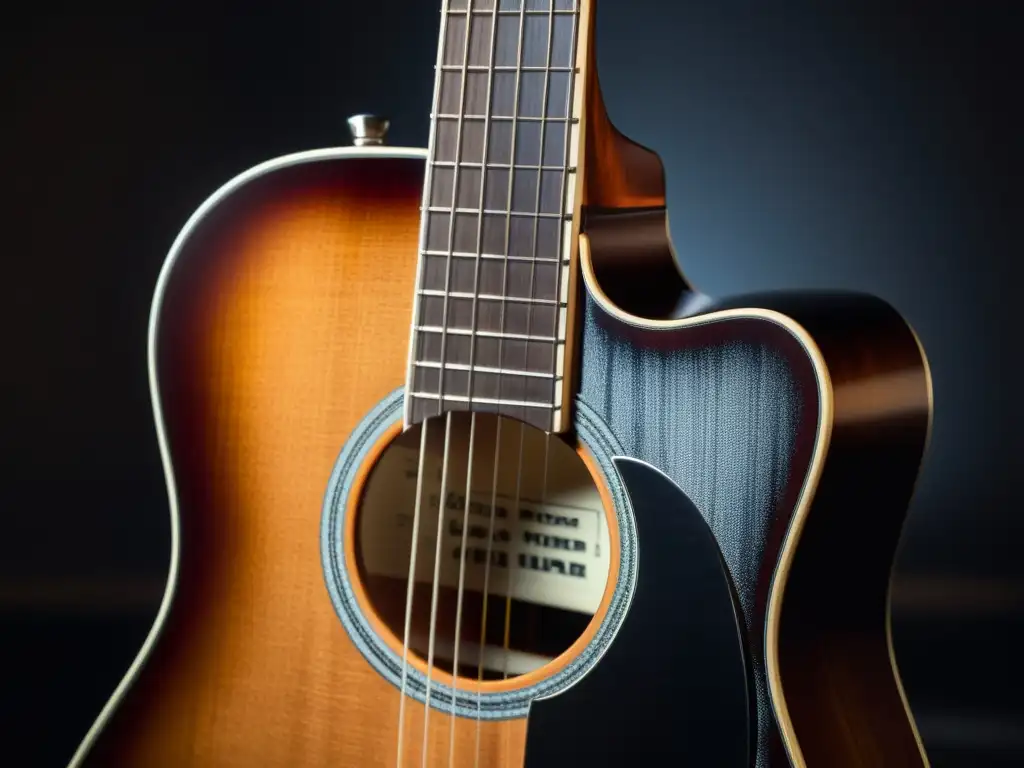 Detalle dramático de la cuerda de guitarra en el punto de giro, con sombras y textura destacadas