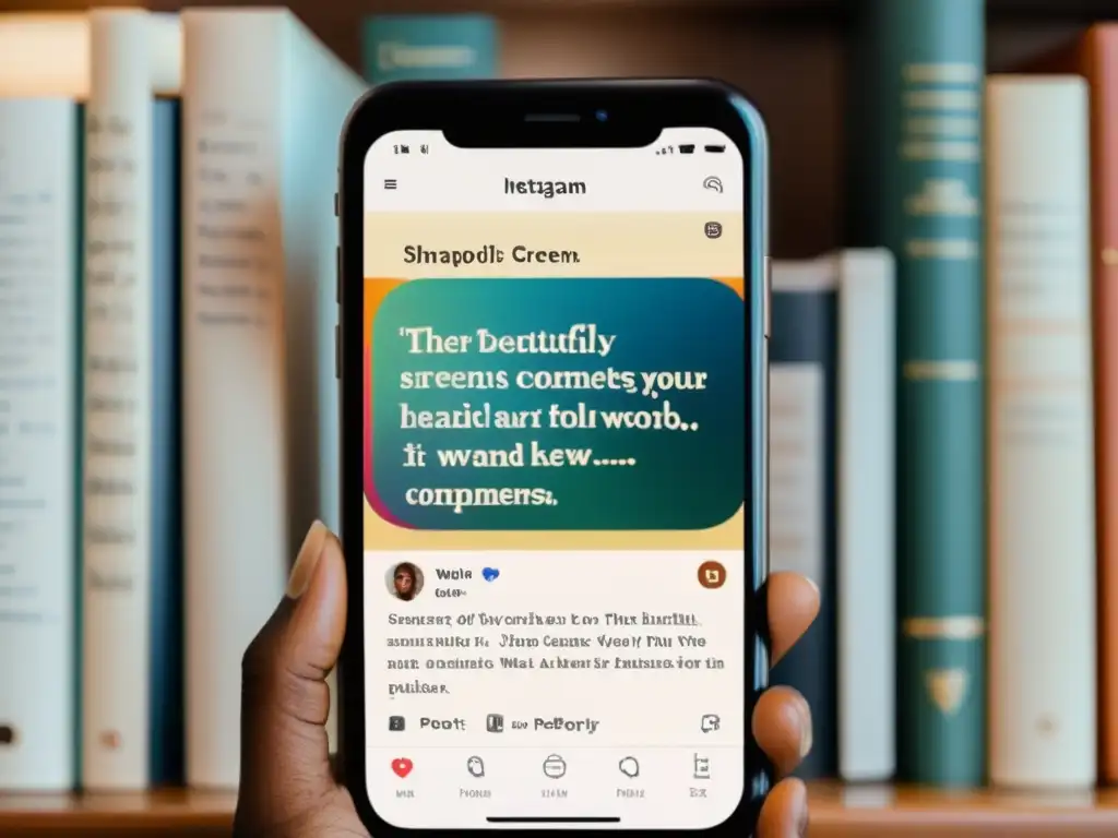 Detalle de poesía Instagram: poema elegante en pantalla de smartphone, rodeado de likes y comentarios en atmósfera moderna y literaria