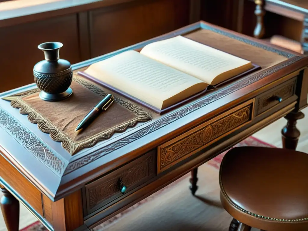 Detalle de un escritorio de madera antiguo con intrincados grabados y una superficie de escritura de cuero desgastado