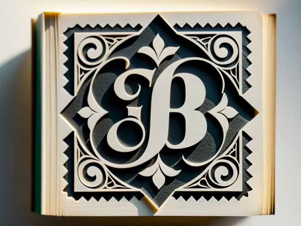Exlibris negro y blanco con iniciales entrelazadas en libro vintage Detalle del exlibris en blanco y negro con iniciales entrelazadas en un sello de arte de personalizar biblioteca con sellos