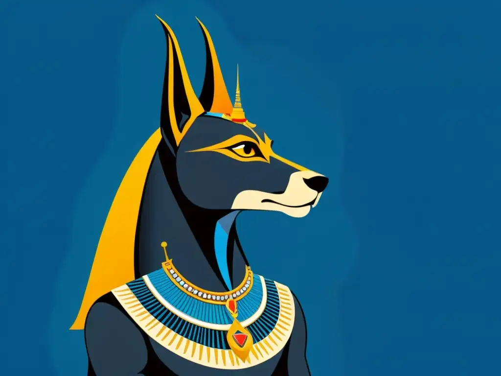 Detalle ilustrado de Anubis, dios egipcio, en perfil con figura imponente y elegante