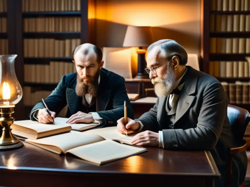 Detalle impresionante de Dostoevsky y Tolstoy en sus escritorios, inmersos en la creación literaria