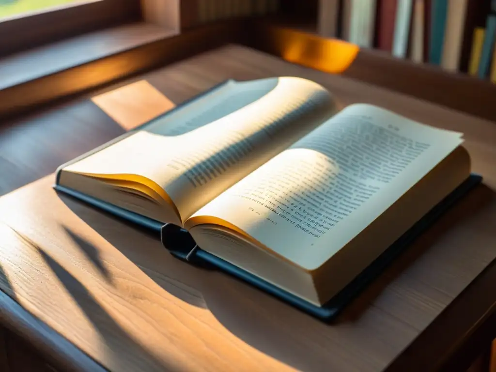 Detalle de un libro abierto sobre un escritorio de madera, iluminado por la luz del sol