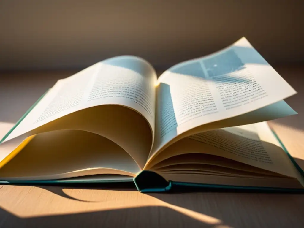 Detalle de libro abierto con páginas moviéndose al viento, resaltando la textura del papel y la luz natural