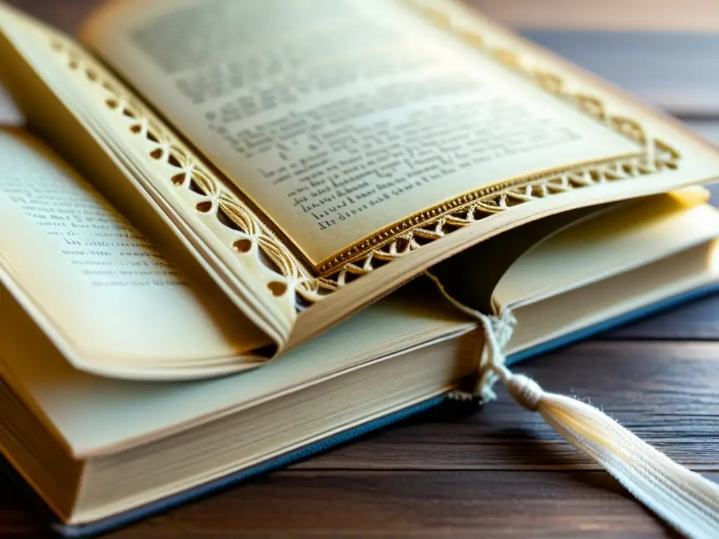 Detalle de un libro antiguo en una mesa de madera, con detalles dorados y páginas amarillentas