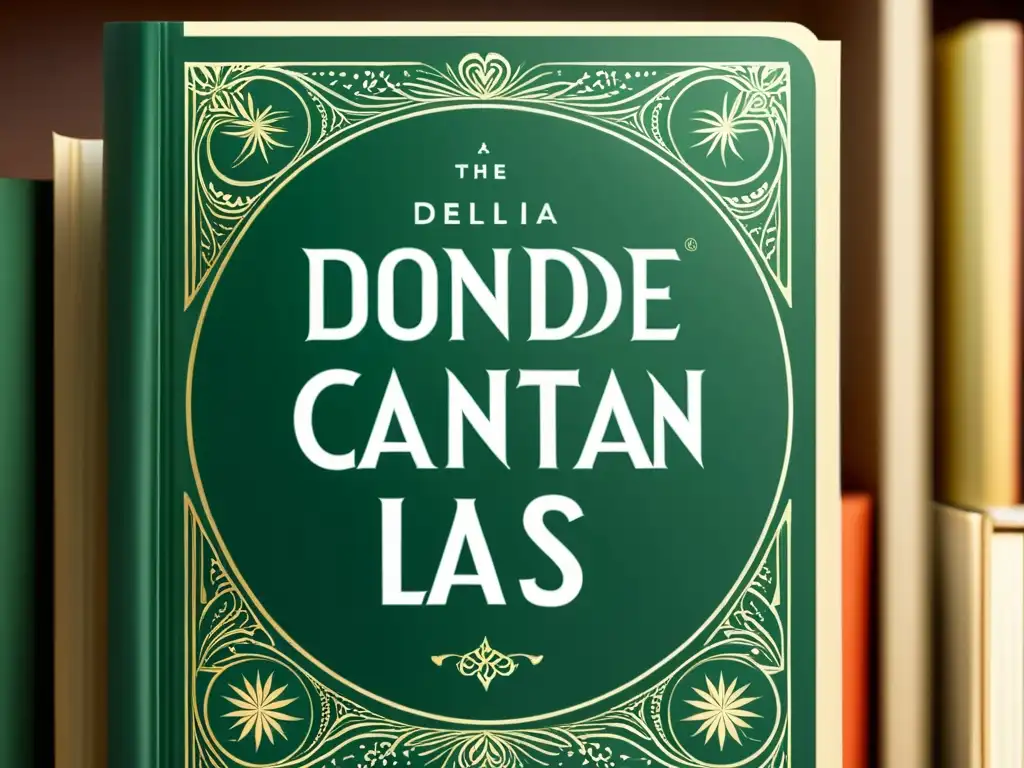 Detalle del libro 'Dónde cantan las langostas' de Delia Owens, resaltando la intrincada portada en un fondo minimalista