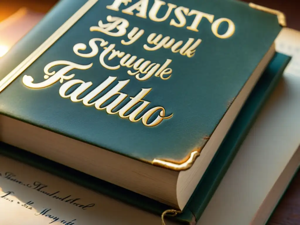 Detalle de un libro vintage desgastado titulado 'Fausto' de Goethe, con páginas iluminadas y anotaciones en alemán