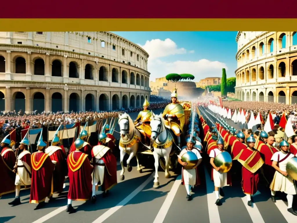 Detalle ilustración digital: majestuosa procesión en Roma antigua con Augusto César en carro dorado, soldados triunfantes, multitud asombrada