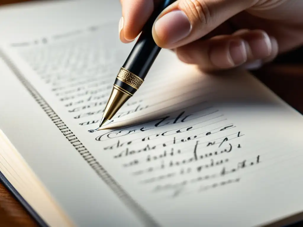 Detalle de mano escribiendo con pluma, capturando la fluidez y emoción