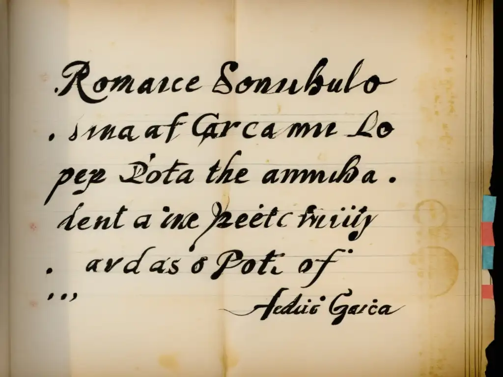 Detalle de un manuscrito de Federico García Lorca envejecido, resaltando la caligrafía y las figuras retóricas