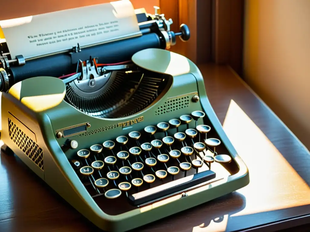 Detalle de máquina de escribir vintage con engravings florales en las teclas, iluminada por cálido sol de tarde