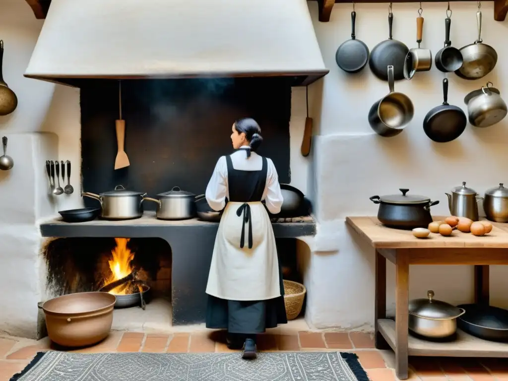 Detalle meticuloso de una cocina del siglo XVII, evocando 'La cocinera de Castamar' con técnicas literarias