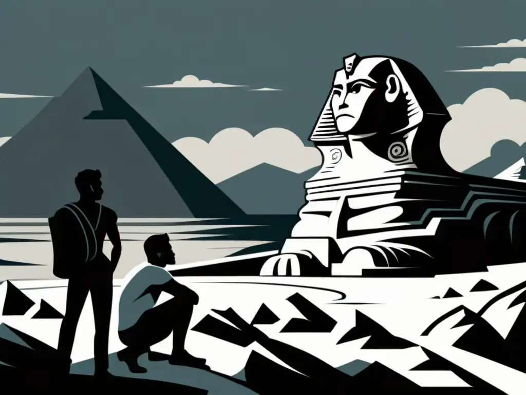 Detalle meticuloso de Oedipo resolviendo el enigma de la Esfinge, transmitiendo la intensidad del momento