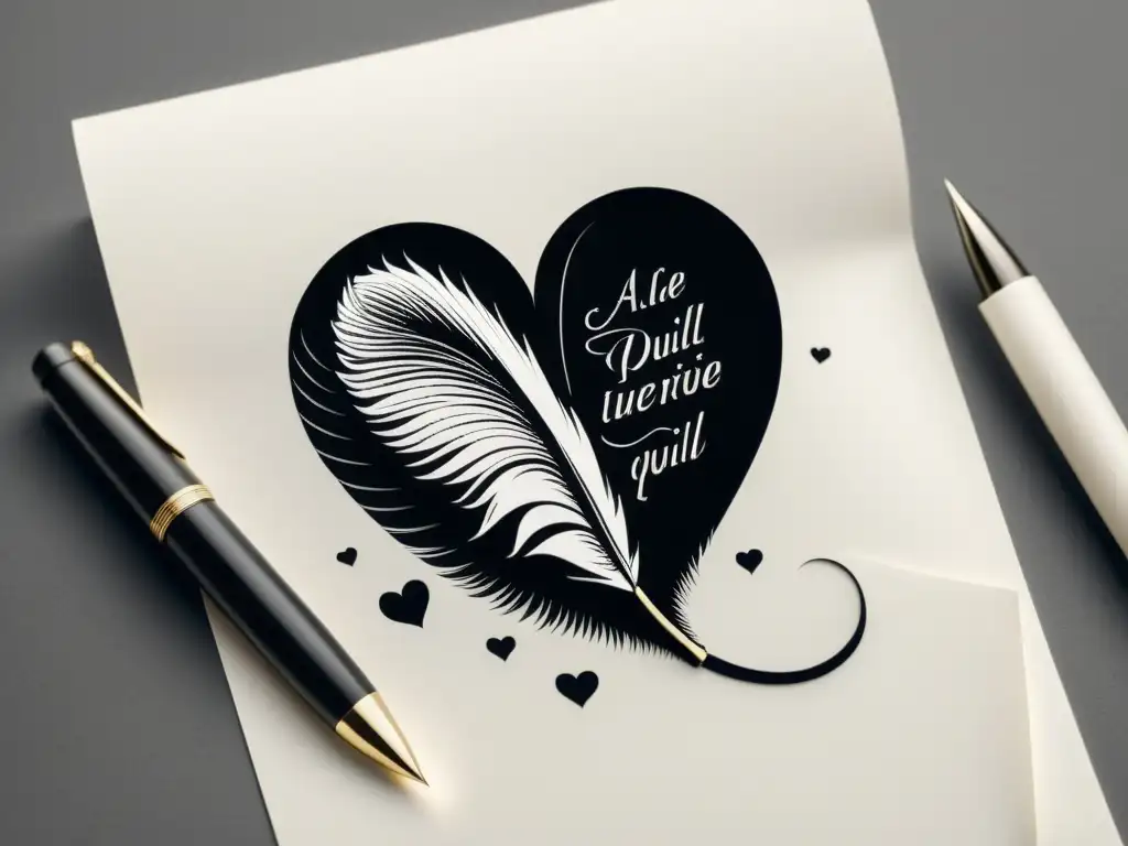 Detalle de una ilustración minimalista en blanco y negro de una pluma y un corazón entrelazados, capturando la esencia del género romántico literario