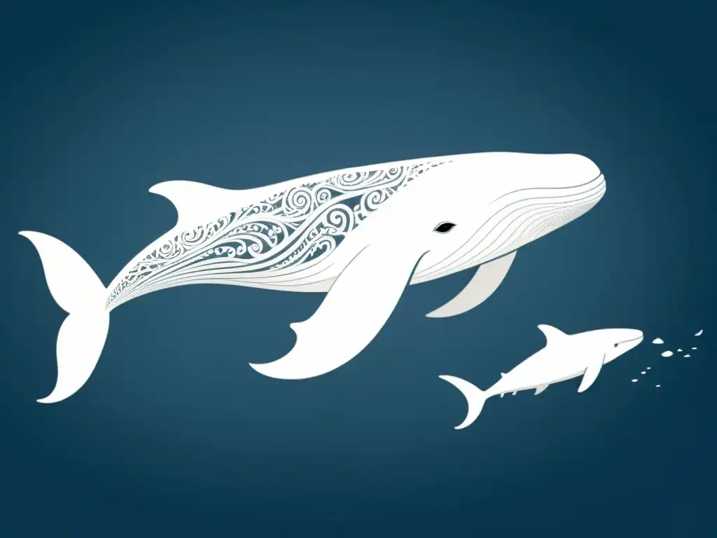 Detalle ilustración minimalista de un gran cachalote blanco con patrones intrincados, simbolizando el leviatán en Moby Dick, en el mar tormentoso