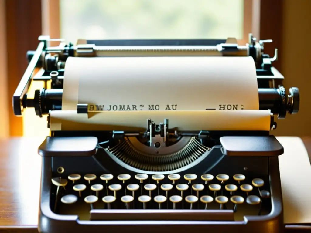 Detalle de una nostálgica máquina de escribir vintage con papel en blanco, iluminada por suave luz natural