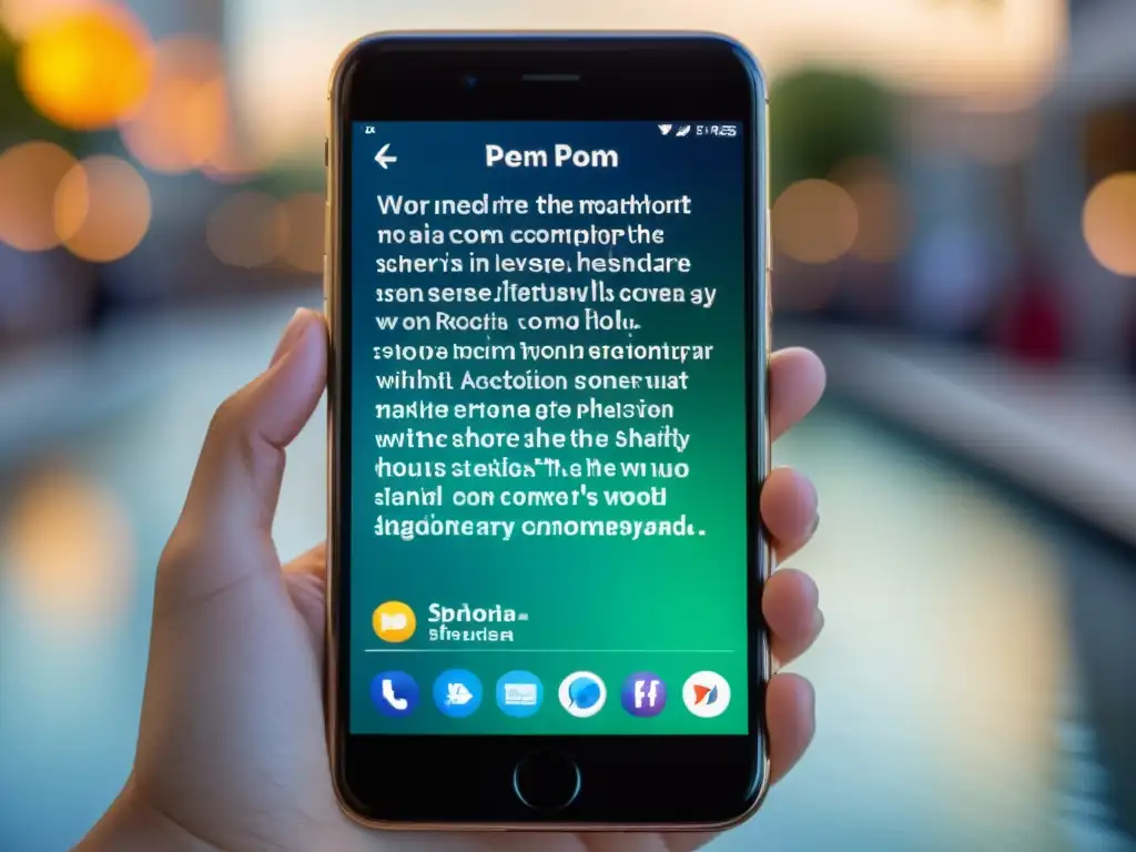 Detalle de la pantalla del smartphone con poesía contemporánea en redes sociales, elegante y moderna, reflejando interacción y conexión