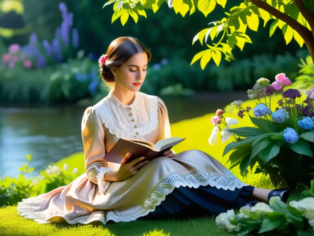 Detalle de pintura al óleo de mujer victoriana leyendo en jardín exuberante