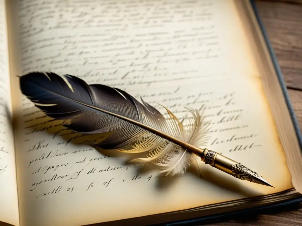 Pluma antigua en página amarillenta: evocación del siglo XIX Detalle de pluma antigua sobre página de novela del siglo XIX: evocadora narrativa y escritura caligráfica en papel envejecido