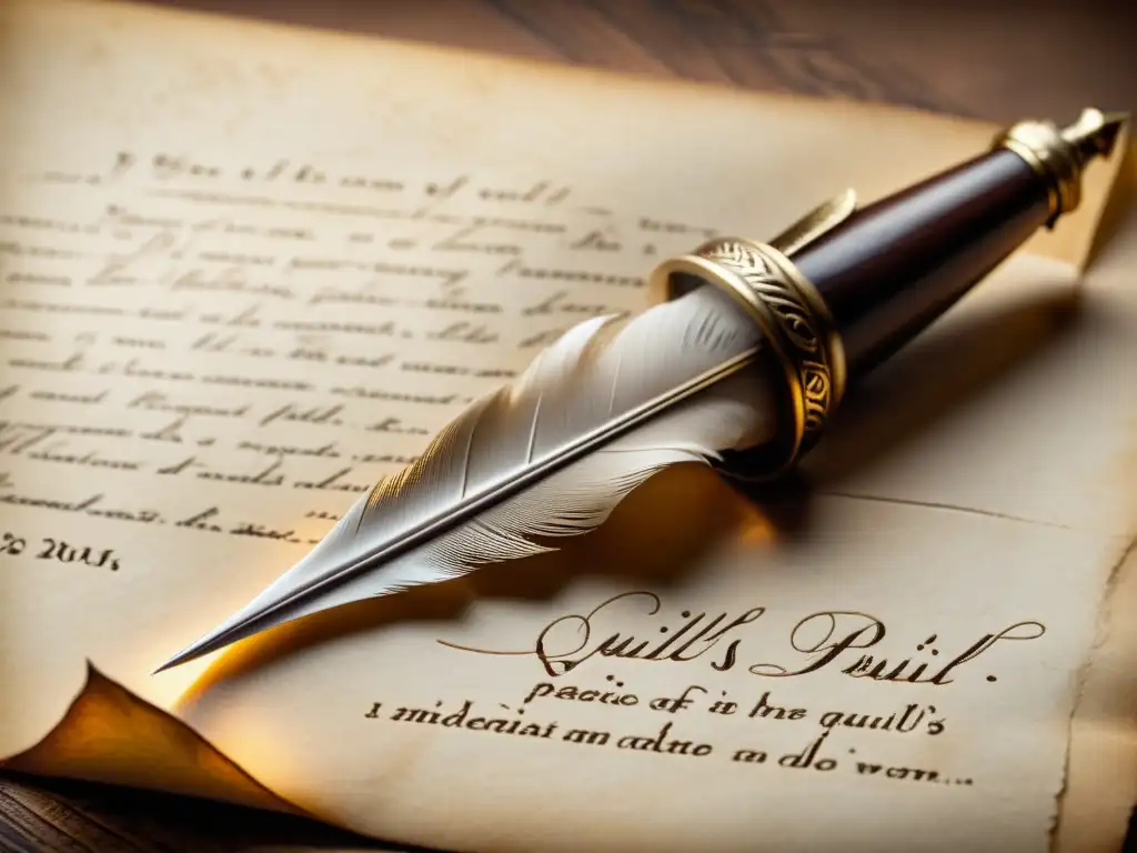 Detalle de pluma antigua sobre pergamino en tonos sepia, evoca la atmósfera de la novela epistolar Las amistades peligrosas