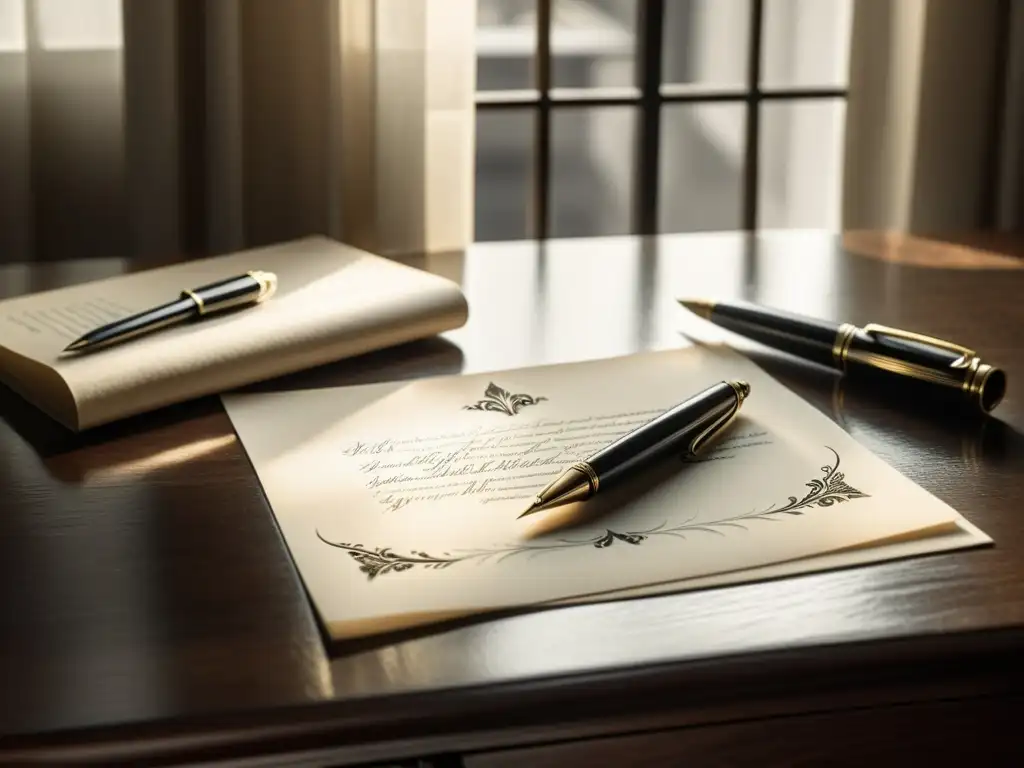Detalle de dos plumas escribiendo una carta en un escritorio vintage, con luz natural
