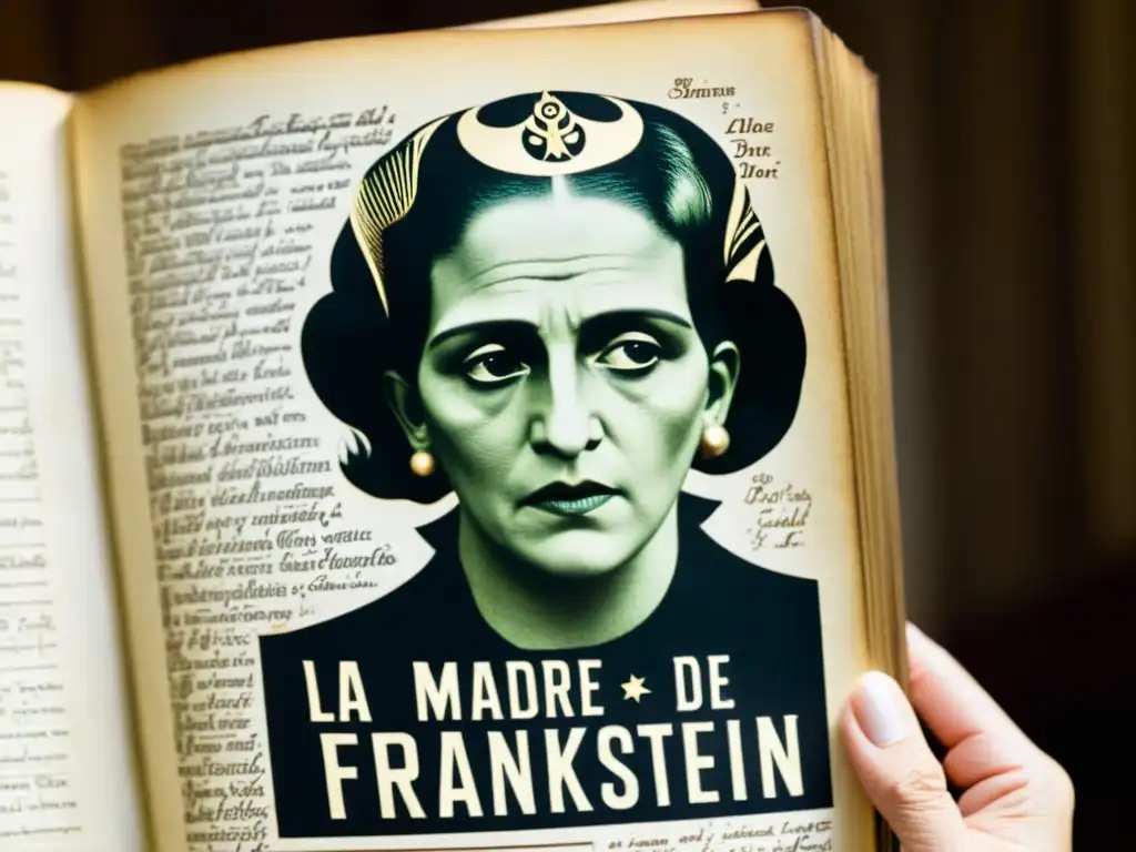 Detalle de la portada desgastada del libro 'La madre de Frankenstein' de Almudena Grandes, con anotaciones y un aura de nostalgia