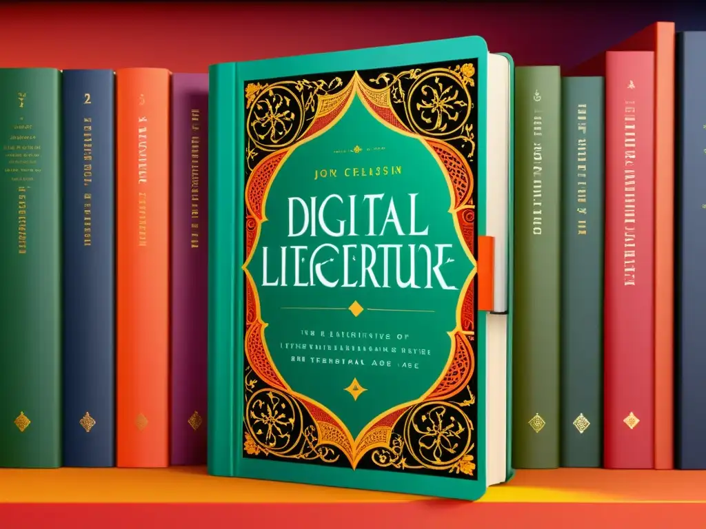 Detalle de portada de libro digital con tipografía intrincada y colores vibrantes, simbolizando la crítica literaria en literatura digital