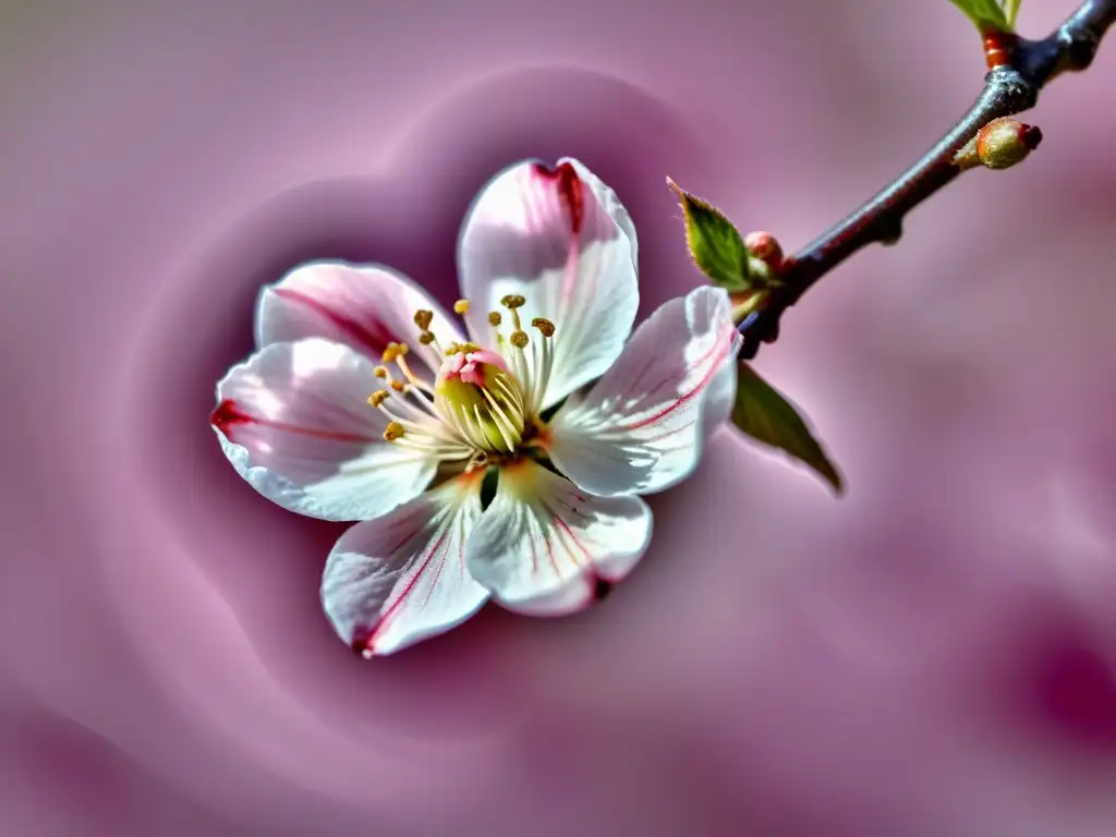 Detalle en primer plano de un pétalo de cerezo, mostrando sus delicadas venas y color rosa traslúcido