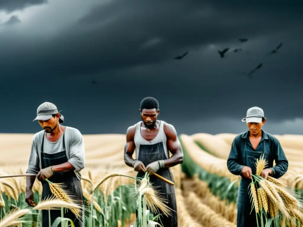 Detalle realista de campesinos laborando en un campo de trigo bajo un cielo nublado