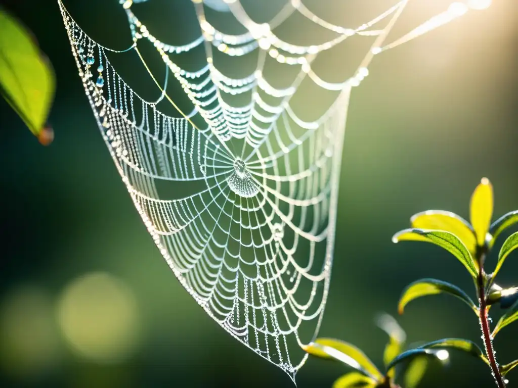 Telaraña delicada con rocío: belleza natural en detalle Detalle de red de araña con rocío al amanecer, inspiración para poemas experimentales inspirados en la naturaleza