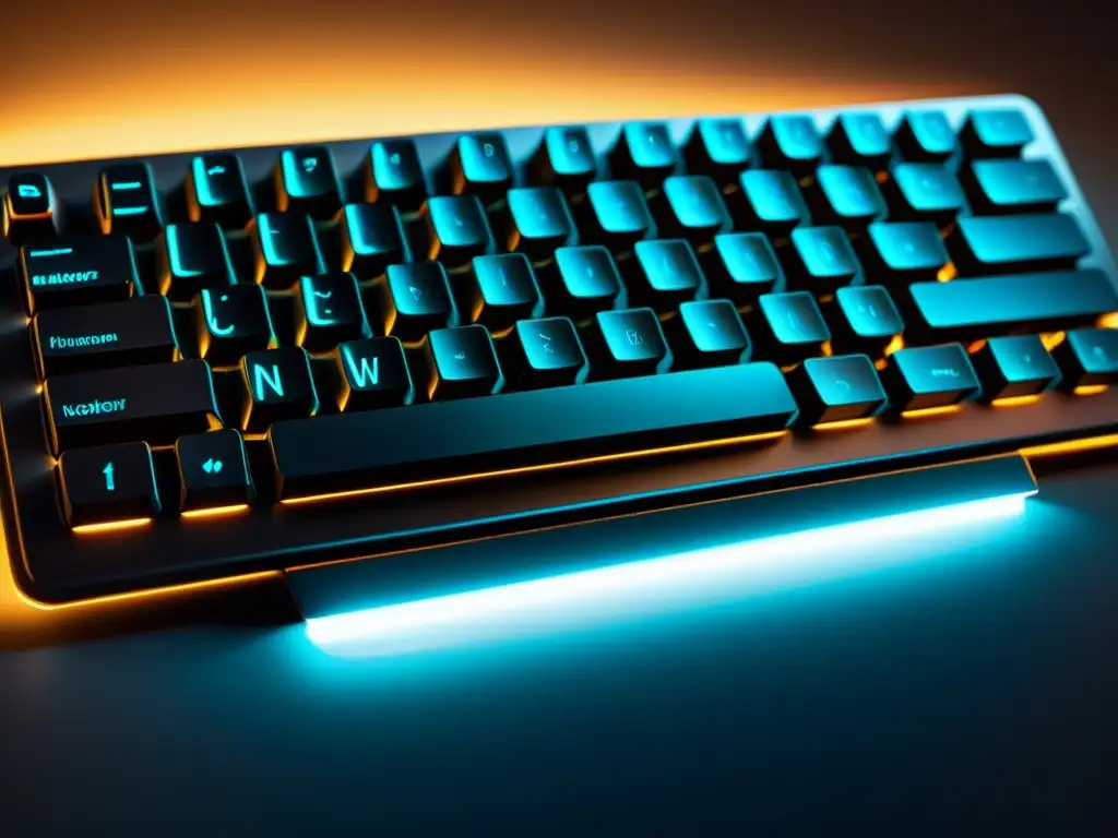 Teclado moderno retroiluminado: detalle y sofisticación Detalle de un teclado moderno con iluminación, resaltando la tecla 'enter' y transmitiendo sofisticación y precisión