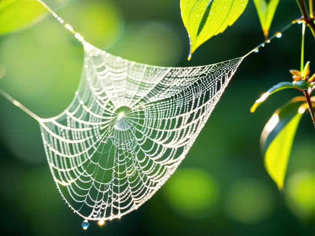 Detalle de una tela de araña con rocío, bañada por la luz del sol, reflejando una poesía pura en la naturaleza