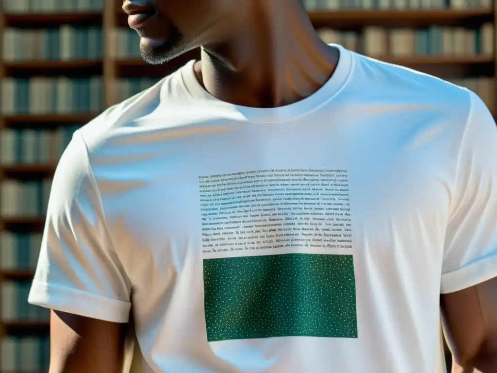 Detalle ultradetallado de una camiseta blanca con estampados de libros, creando una experiencia visual impresionante