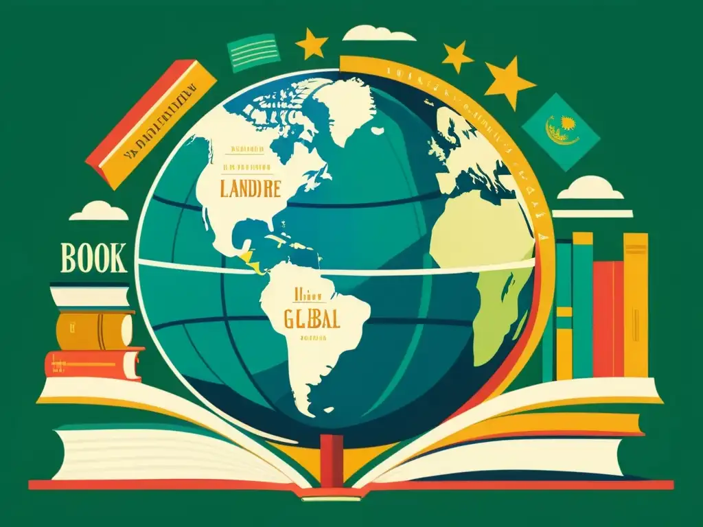 Detalle ultradetallado de un globo terráqueo rodeado de libros en varios idiomas, fusionándose entre sí, simbolizando la importancia de la traducción literaria en la literatura global