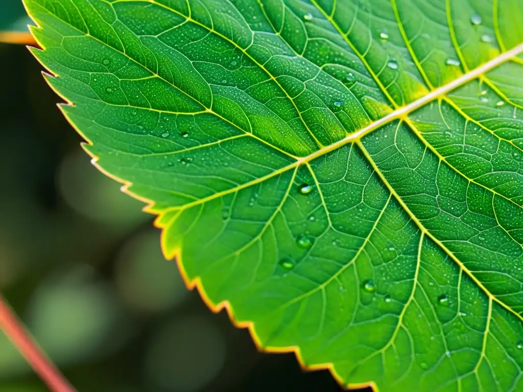 Detalle ultrarrealista de una hoja verde vibrante con gotas de agua, luz solar filtrada y sombras