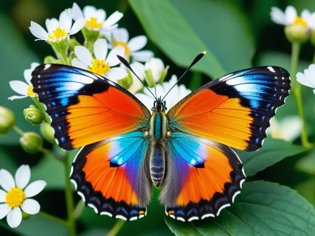 Detalle de mariposa vibrante posada en flor, con alas multicolores, reflejando luz del sol