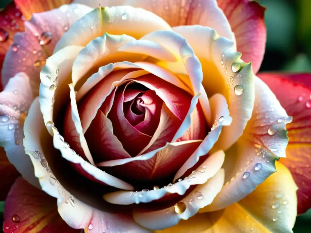 Detalles de un pétalo de rosa con gotas de rocío, iluminado por luz dorada