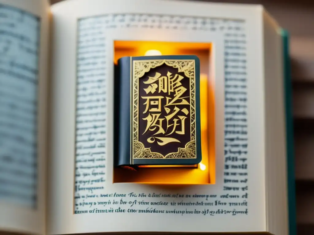 Detalles ultra nítidos de un libro en miniatura con caligrafía intrincada, iluminado por suave luz