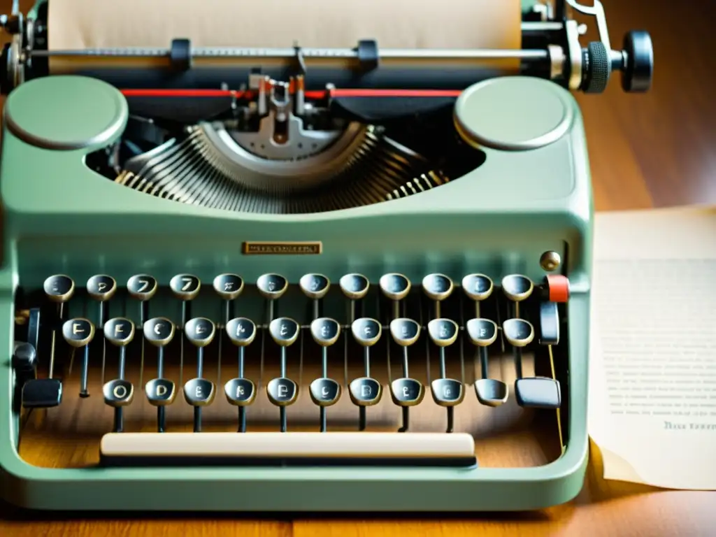 Detalles vintage de una máquina de escribir, papel en blanco, luz suave y nostalgia