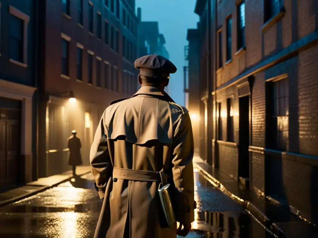 Un detective en un callejón oscuro, observando los edificios lluviosos