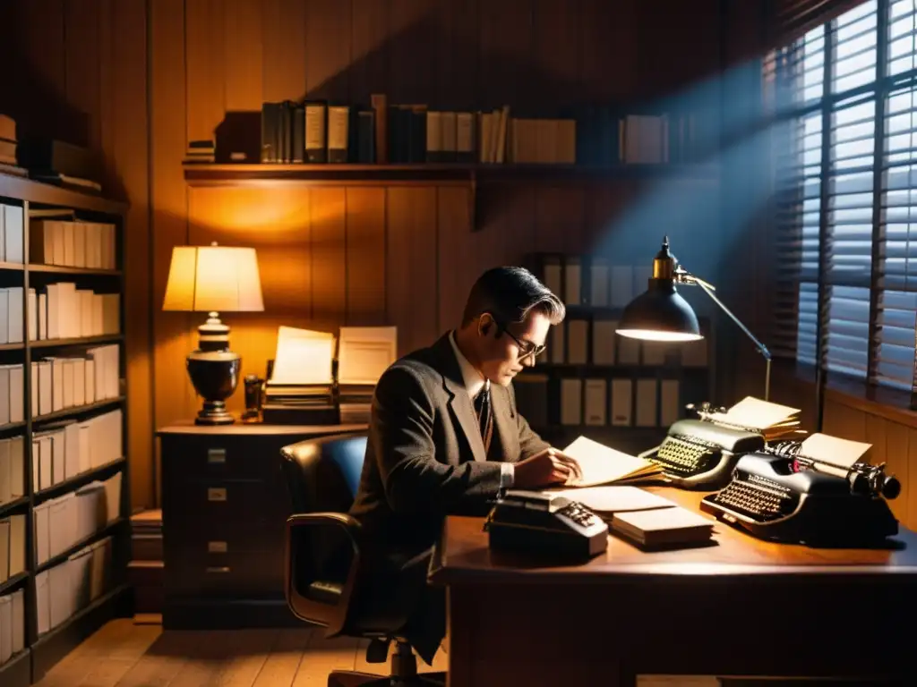 Un detective solitario en su oficina, rodeado de expedientes y una máquina de escribir vintage, bañado por la cálida luz de la lámpara de escritorio