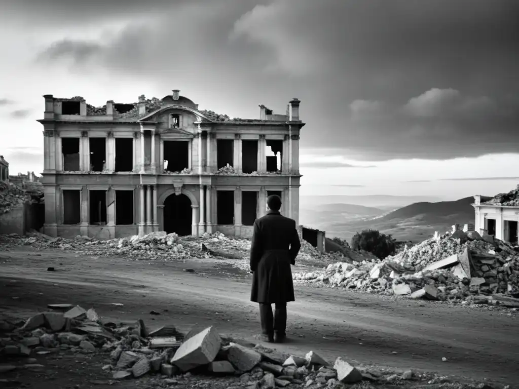 Un devastador paisaje urbano en blanco y negro tras la Guerra Civil española, con escombros y una figura solitaria mirando al cielo con desesperanza y esperanza