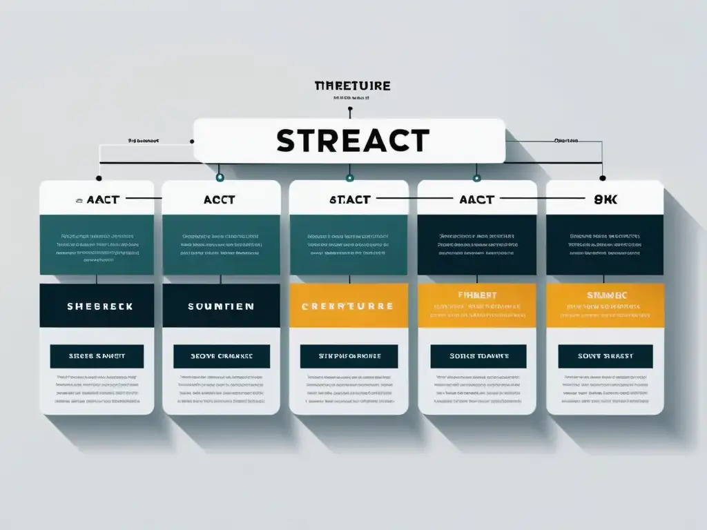 Un diagrama de estructura de tres actos en alta resolución, detallado y moderno, sobre fondo blanco