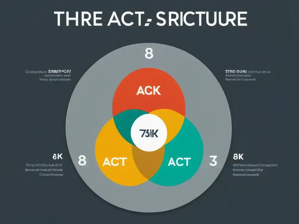 Diagrama de estructura de tres actos, minimalista y detallado en 8k