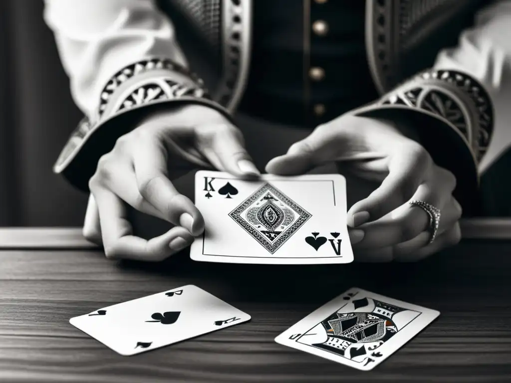 Un dibujo en blanco y negro de manos manipulando una baraja de cartas con elegancia y sofisticación