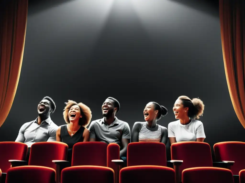 Un dibujo en blanco y negro de personas diversas riendo juntas en un teatro, con una luz de escenario que crea calidez y camaradería