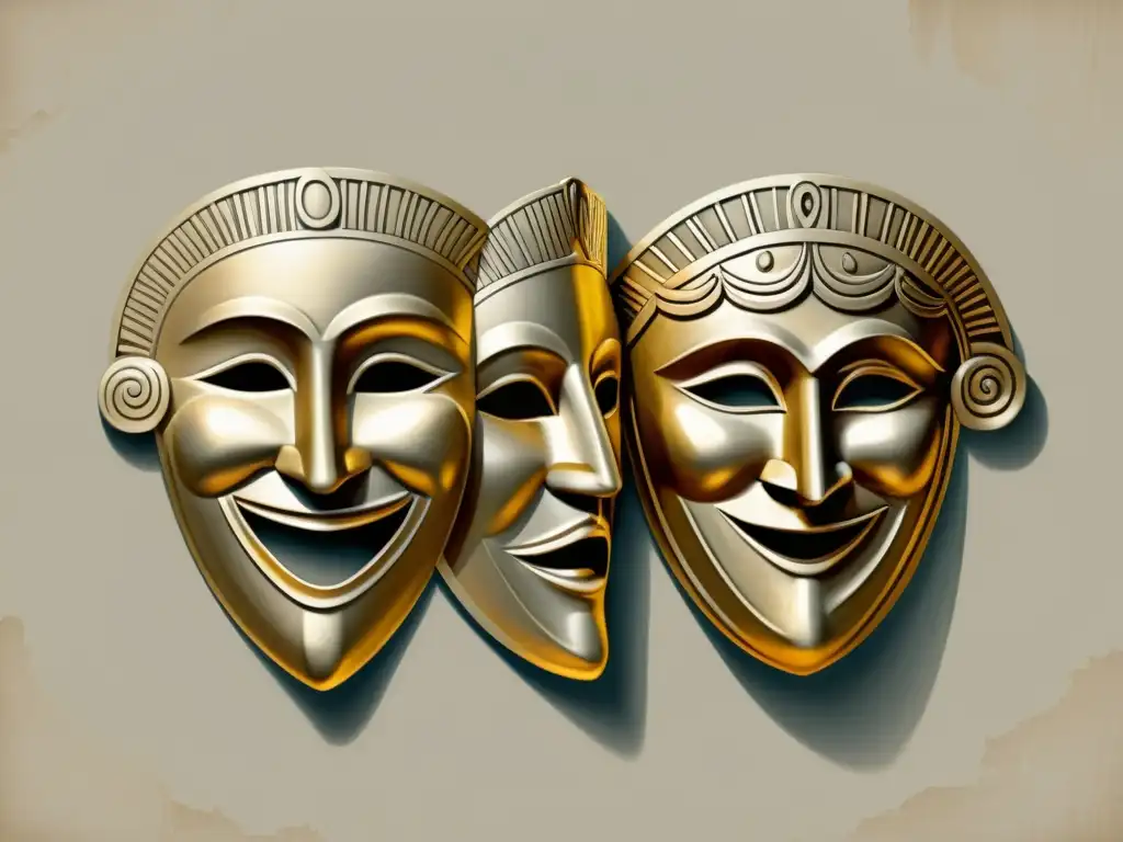 Un dibujo detallado a lápiz de máscaras teatrales griegas, una riendo y la otra con expresión de tristeza, simbolizando la dualidad de emociones y los orígenes y evolución de la sátira