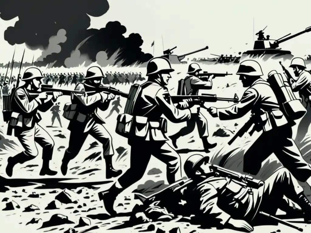 Un dibujo minimalista en blanco y negro de un campo de batalla con soldados en diversos estados de conflicto, capturando el caos e intensidad de la guerra al transmitir la lucha atemporal representada en 'Guerra y Paz' de Tolstói