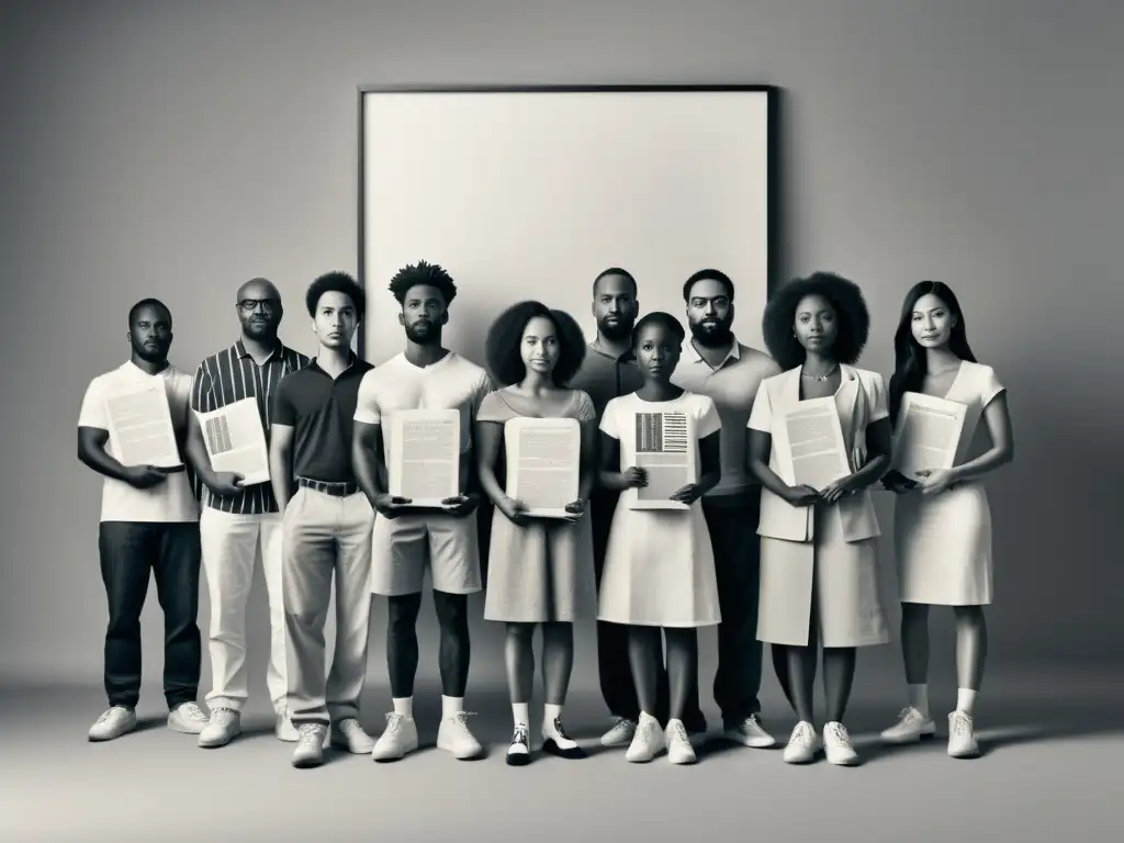 Un dibujo minimalista en blanco y negro de personas diversas sosteniendo arte y literatura, representando el pensamiento postcolonial